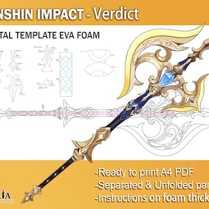 Könnte beinhalten: Eine digitale Vorlage für eine Genshin Impact Waffe, Verdict, aus EVA-Schaum. Die Vorlage ist bereit zum Drucken auf A4-Papier und enthält Anweisungen zur Schaumstoffdicke. Die Vorlage ist in entfaltete Teile aufgeteilt.