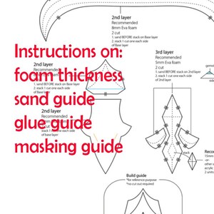 May include: A black and white diagram with instructions on how to build a model. The instructions include information on foam thickness, sanding, gluing, and masking. The diagram shows different shapes and sizes of foam pieces.