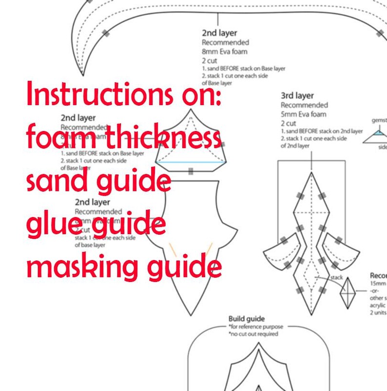 May include: A black and white diagram with instructions on how to build a model. The instructions include information on foam thickness, sanding, gluing, and masking. The diagram shows different shapes and sizes of foam pieces.