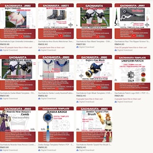 K&ouml;nnte beinhalten: Eine Sammlung digitaler Vorlagen f&uuml;r Cosplay-Zubeh&ouml;r und -Requisiten, darunter ein Regenschirm, Stiefel, Masken, eine Schere, eine Gasmaske, ein Abzeichen und ein Pinsel. Jeder Artikel zeigt einen Titel, einen Preis und die Bezeichnung "Digitaler Download".