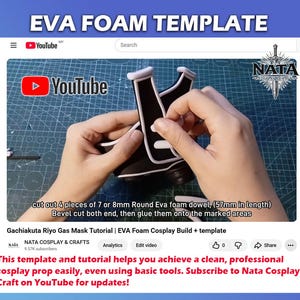 K&ouml;nnte beinhalten: YouTube-Video mit dem Titel "EVA FOAM TEMPLATE", das ein Cosplay-Tutorial zeigt. Das Video zeigt die Montage einer schwarz-wei&szlig;en Schaumstoffmaske. Text auf dem Bildschirm liefert Anweisungen und den Kanalnamen "NATA COSPLAY & CRAFTS".