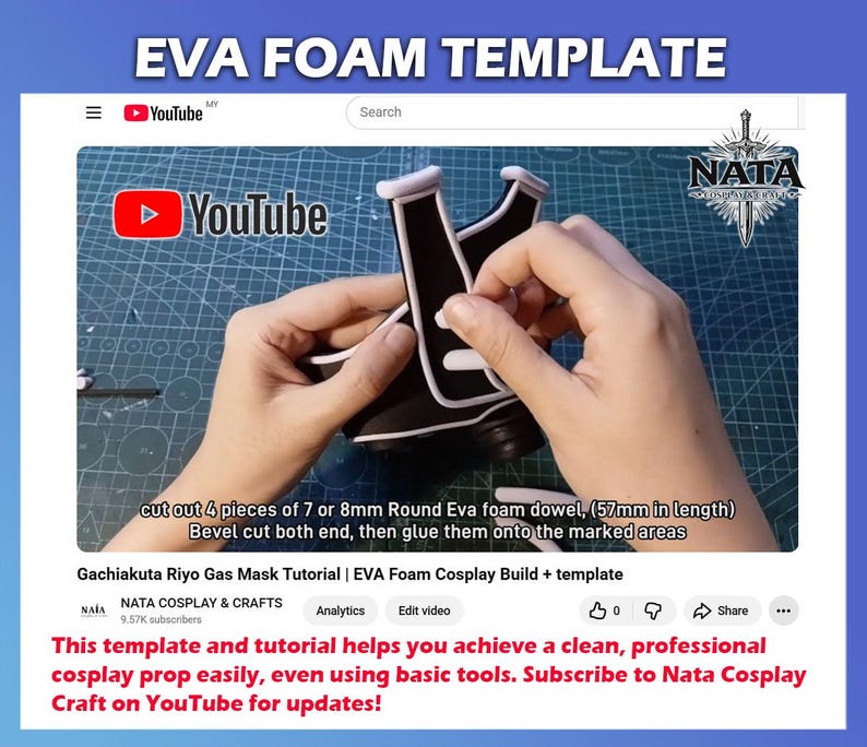 K&ouml;nnte beinhalten: YouTube-Video mit dem Titel "EVA FOAM TEMPLATE", das ein Cosplay-Tutorial zeigt. Das Video zeigt die Montage einer schwarz-wei&szlig;en Schaumstoffmaske. Text auf dem Bildschirm liefert Anweisungen und den Kanalnamen "NATA COSPLAY & CRAFTS".