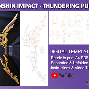Peut inclure: Un modèle numérique pour un accessoire de cosplay imprimé en 3D de l'arc Thundering Pulse du jeu vidéo Genshin Impact. Le modèle comprend des instructions et un tutoriel vidéo. L'image montre un arc terminé avec des accents violets et dorés.