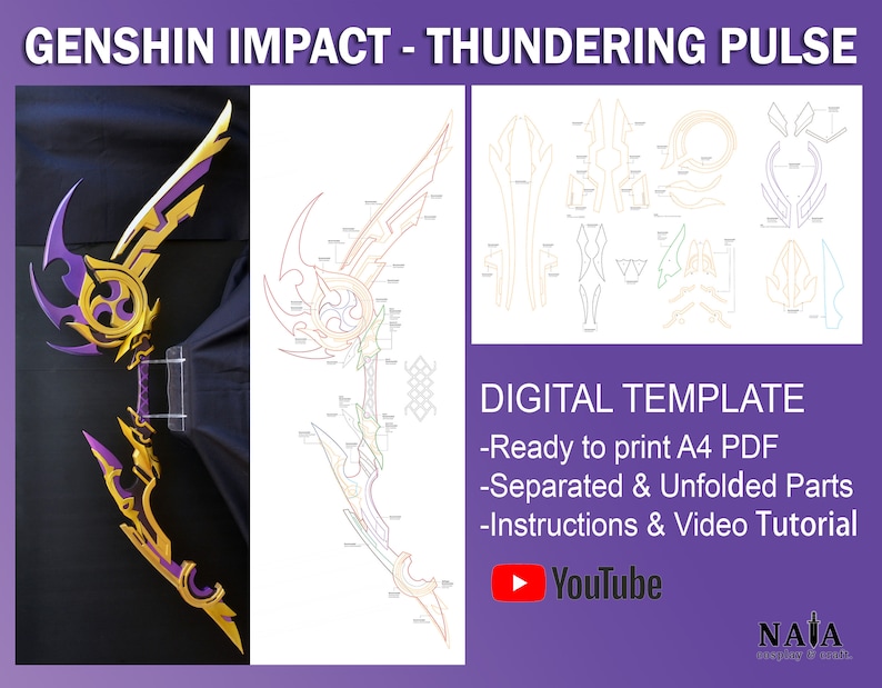 May include: A digital template for a 3D printed cosplay prop of the Thundering Pulse bow from the video game Genshin Impact. The template includes instructions and a video tutorial. The image shows a completed bow with purple and gold accents.