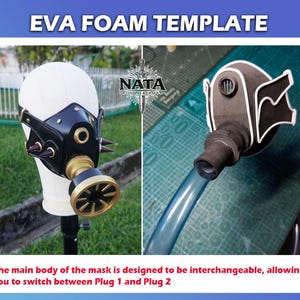 May include: Black and gold EVA foam mask template with a spiked design, displayed on a mannequin head. The mask features a circular respirator and is designed to be interchangeable. Text on the image reads "EVA FOAM TEMPLATE".