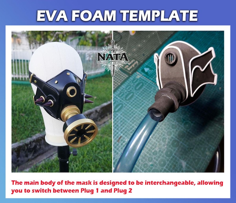 May include: Black and gold EVA foam mask template with a spiked design, displayed on a mannequin head. The mask features a circular respirator and is designed to be interchangeable. Text on the image reads "EVA FOAM TEMPLATE".