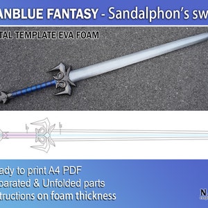 Puede incluir: Imagen de la espada de Sandalphon de Granblue Fantasy. La espada tiene una hoja plateada, un mango azul oscuro y negro, y detalles decorativos en negro. La imagen también incluye una plantilla digital para espuma EVA, con instrucciones de impresión.