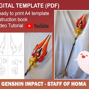 Op de afbeelding: Een digitaal sjabloon voor een Genshin Impact Staff of Homa cosplay-accessoire. Het sjabloon bevat instructies en een videozelfstudie. De afbeelding toont een rode en gouden staf met een vlamontwerp.