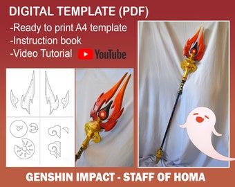 Genshin Impact Cosplay Prop - Personal de Homa DIY Plantilla Digital Patrón plano EVA espuma hutao Polearm Lance Spear