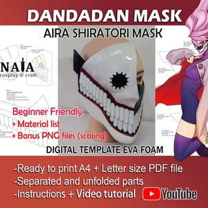 May include: Digital template for a white and red EVA foam mask with a large toothy grin. The template includes instructions and a video tutorial. The mask is inspired by the character Aira Shiratori from the manga Dandadan.