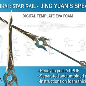 Op de afbeelding: Digitaal sjabloon voor een Jing Yuan's Spear uit Honkai: Star Rail, ontworpen voor gebruik met EVA-schuim. Het sjabloon is klaar om te printen op A4-papier en bevat instructies over de schuimdikte.