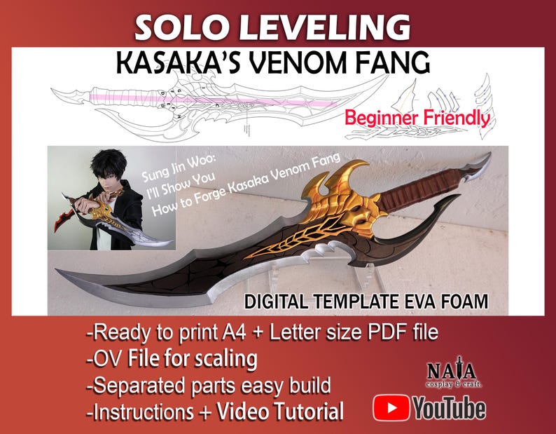 Solo Leveling Arise Kasaka Venom Fang dagger Cosplay Prop - Digital PDF template pattern blueprint EVA foam Sung Jin woo image 1