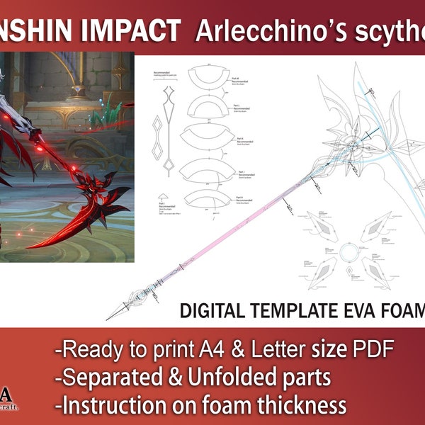 Arlecchino scythe - Genshin Impact Cosplay Prop weapon sickle Digital DIY Template Pattern blueprint