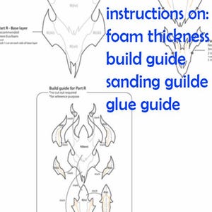 Puede incluir: Una gu&iacute;a de dibujo de l&iacute;nea en blanco y negro para construir un modelo. La gu&iacute;a incluye instrucciones sobre el grosor de la espuma, la construcci&oacute;n, el lijado y el pegamento. El texto "instructions on: foam thickness build guide sanding guide glue guide" est&aacute; escrito en azul.