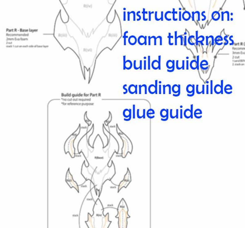Puede incluir: Una gu&iacute;a de dibujo de l&iacute;nea en blanco y negro para construir un modelo. La gu&iacute;a incluye instrucciones sobre el grosor de la espuma, la construcci&oacute;n, el lijado y el pegamento. El texto "instructions on: foam thickness build guide sanding guide glue guide" est&aacute; escrito en azul.