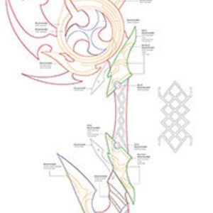 May include: A detailed line drawing of a bow and arrow, with the bow in a curved shape and the arrow pointing upwards. The bow is decorated with intricate patterns and designs, and the arrow is adorned with feathers. The drawing is done in multiple colors, including red, green, and yellow.