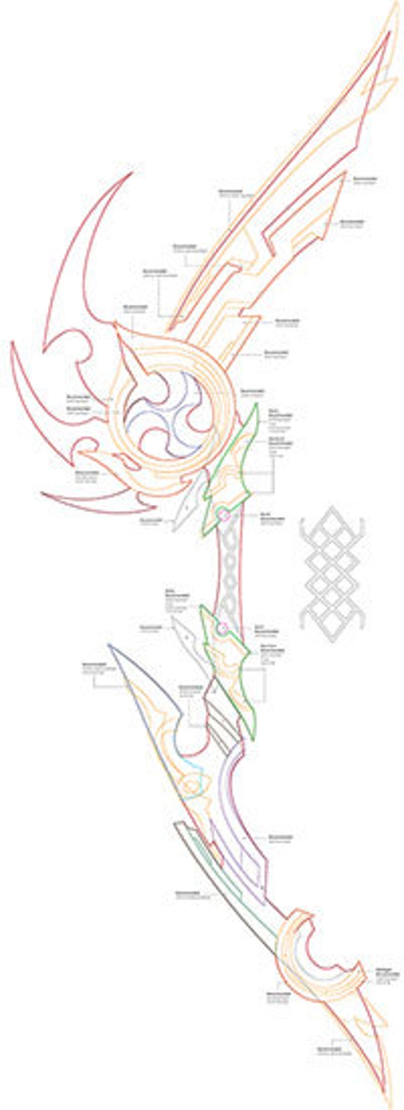 May include: A detailed line drawing of a bow and arrow, with the bow in a curved shape and the arrow pointing upwards. The bow is decorated with intricate patterns and designs, and the arrow is adorned with feathers. The drawing is done in multiple colors, including red, green, and yellow.