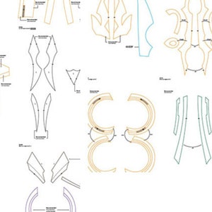 May include: A set of printable patterns for crafting a costume. The patterns are in black, blue, yellow, and brown lines on a white background. The patterns include a variety of shapes, including circles, squares, and triangles.