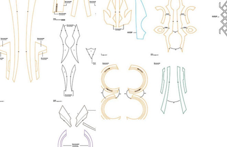 May include: A set of printable patterns for crafting a costume. The patterns are in black, blue, yellow, and brown lines on a white background. The patterns include a variety of shapes, including circles, squares, and triangles.