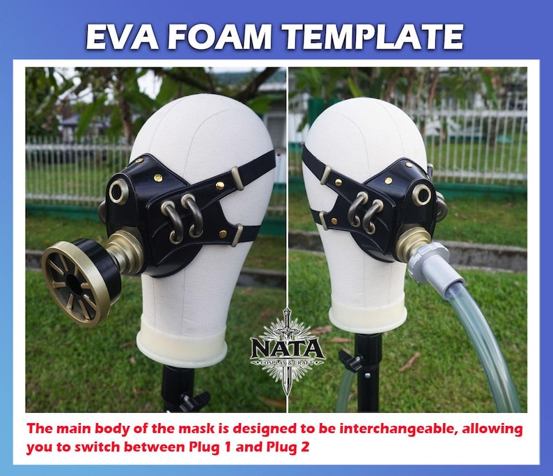 K&ouml;nnte beinhalten: Schwarze und goldfarbene EVA-Schaummaske mit verstellbaren Riemen, pr&auml;sentiert auf einem wei&szlig;en Schaufensterkopf. Die Maske hat einen kreisf&ouml;rmigen Filter und ist mit "EVA FOAM TEMPLATE" beschriftet. Der Text unten besagt, dass die Maske austauschbar ist.