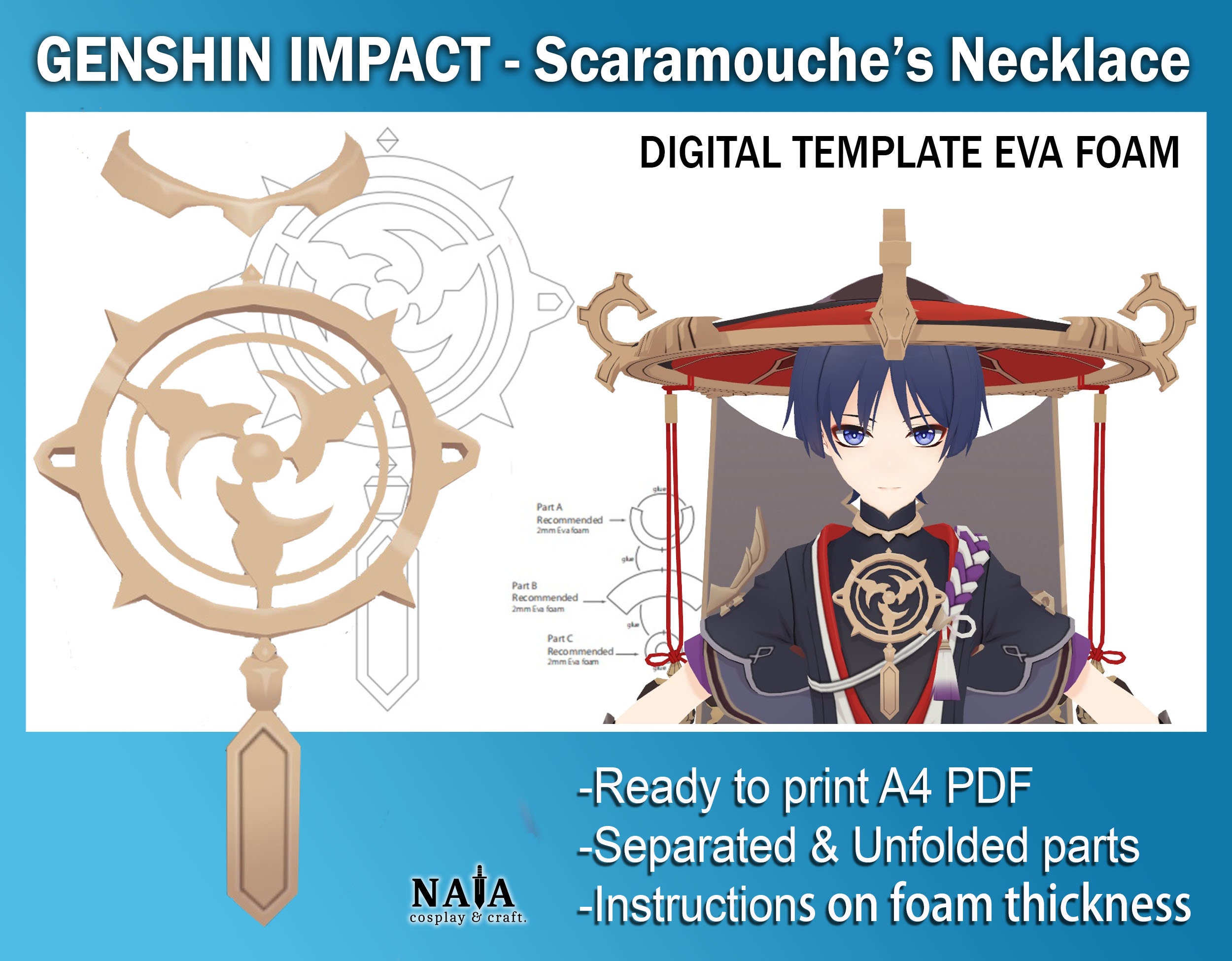 Genshin Impact Cosplay Prop Scaramouche's Necklace Digital DIY Template  Pattern blueprint PDF EVA foam Scaramouche