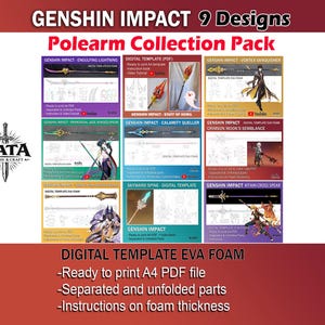 Op de afbeelding: Een digitaal sjabloonpakket voor negen Genshin Impact-polearms, waaronder Engulfing Lightning, Staff of Homa, Vortex Vanquisher, Primordial Jade Winged Spear, Calamity Queller, Crimson Moon's Semblance en Kitain Cross Spear.