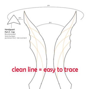 May include: A black and white line drawing of a handguard for a costume or prop. The drawing includes instructions for gluing and the text "Handguard Part Z - Cap. Recommended 3mm Eva foam. Glue between Part Z - Side A and Side B. Clean line = easy to trace."