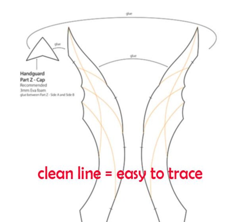 May include: A black and white line drawing of a handguard for a costume or prop. The drawing includes instructions for gluing and the text "Handguard Part Z - Cap. Recommended 3mm Eva foam. Glue between Part Z - Side A and Side B. Clean line = easy to trace."