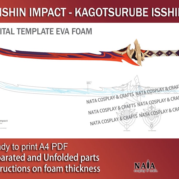 Genshin Impact Cosplay Prop Kagotsurube Isshin Kazuha's zwaard Digitale DIY sjabloon patroon blauwdruk EVA foam PDF zwaard