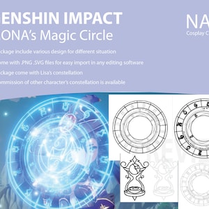 Puede incluir: Una ilustración digital de un círculo mágico azul con un diseño de constelación. El círculo está rodeado por un contorno blanco y negro del círculo con números y símbolos. El texto "GENSHIN IMPACT MONA's Magic Circle" está en la parte superior de la imagen. El texto "NAT Cosplay Crafts" está en la parte superior derecha de la imagen.