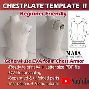 Könnte beinhalten: Eine digitale Vorlage zum Erstellen einer Brustplatte aus EVA-Schaumstoff. Die Vorlage ist anfängerfreundlich und enthält Anweisungen und ein Video-Tutorial. Die Vorlage ist zum Ausdrucken im PDF-Format A4 oder Letter bereit.
