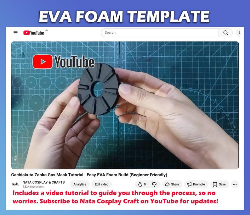Może przedstawiać: Czarny szablon z pianki EVA do maski gazowej, pokazany w filmie na YouTube. Film nosi tytuł "Gachiakuta Zanka Gas Mask Tutorial | Easy EVA Foam Build". Film oferuje samouczek. Tekst "EVA FOAM TEMPLATE" znajduje się na g&oacute;rze.