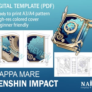 Könnte beinhalten: Digitales PDF-Template für ein Genshin Impact Mappa Mare Cosplay-Requisit. Das Bild zeigt ein detailliertes, farbiges Cover-Design und einen Bauplan mit dem Text "DIGITAL TEMPLATE (PDF)" und "MAPPA MARE GENSHIN IMPACT".