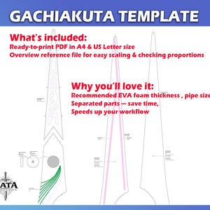 May include: A template for a Gachiakuta project, featuring a detailed design with lines and shapes. The image includes text detailing what's included, such as a ready-to-print PDF in A4 and US Letter sizes, and why you'll love it, like recommended EVA foam thickness and separated parts.