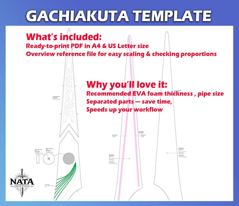 May include: A template for a Gachiakuta project, featuring a detailed design with lines and shapes. The image includes text detailing what's included, such as a ready-to-print PDF in A4 and US Letter sizes, and why you'll love it, like recommended EVA foam thickness and separated parts.