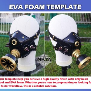May include: Black and gold EVA foam mask template with spikes, displayed on a white mannequin head. The mask has a steampunk aesthetic, with the text "EVA FOAM TEMPLATE" at the top. The mask is designed for prop-making.