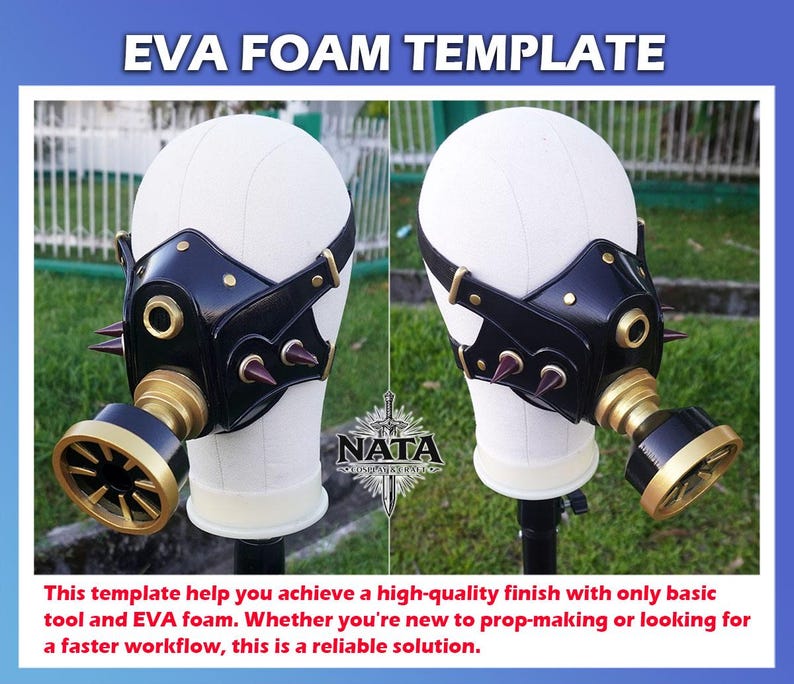 May include: Black and gold EVA foam mask template with spikes, displayed on a white mannequin head. The mask has a steampunk aesthetic, with the text "EVA FOAM TEMPLATE" at the top. The mask is designed for prop-making.