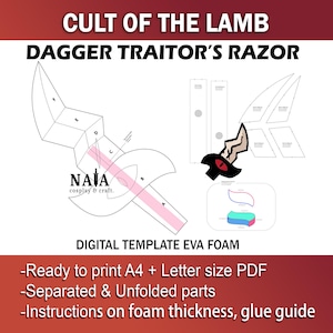 Może przedstawiać: Cyfrowy szablon do stworzenia sztyletu z gry Cult of the Lamb, zwanego "Traitor's Razor", wykonanego z pianki EVA. Szablon zawiera instrukcje dotyczące grubości pianki i wskazówki dotyczące klejenia.