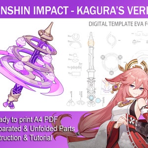 Puede incluir: Una plantilla digital para un accesorio de cosplay de Kagura's Verity de Genshin Impact. La plantilla está diseñada para imprimirse en papel A4 y ensamblarse con espuma EVA. La plantilla incluye instrucciones y un tutorial.