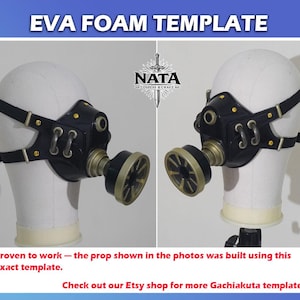 K&ouml;nnte beinhalten: Schwarze und goldene EVA-Schaumstoff-Gasmasken-Vorlage. Die Maske hat eine schwarze Frontplatte mit goldenen Akzenten, einen kreisf&ouml;rmigen Filter und verstellbare schwarze Riemen. Der Text "EVA FOAM TEMPLATE" steht oben. Der Text "Proven to work" steht unten.