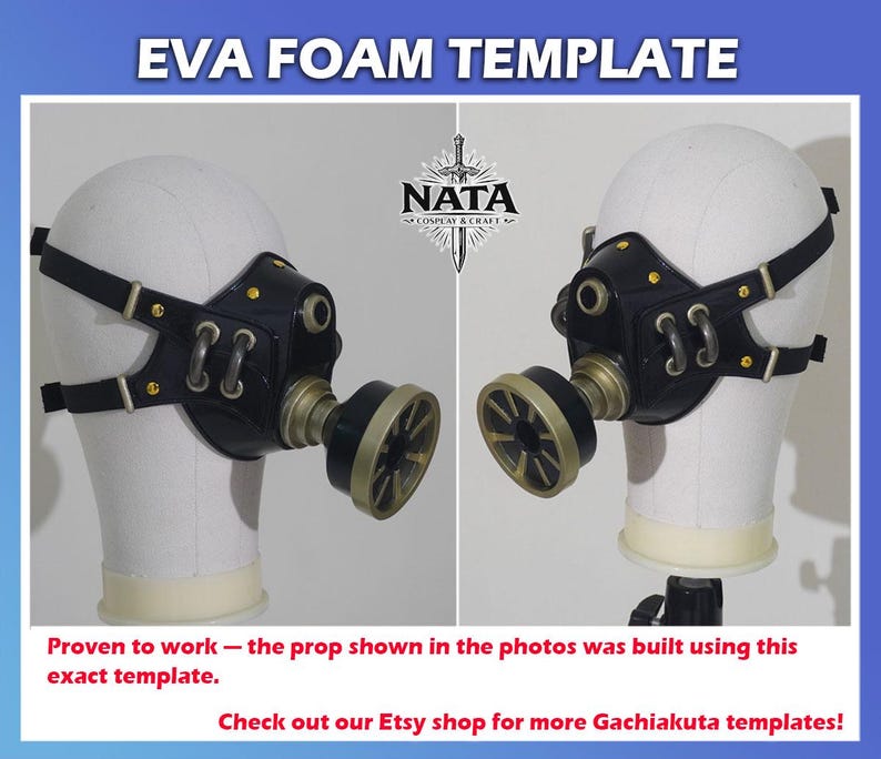 K&ouml;nnte beinhalten: Schwarze und goldene EVA-Schaumstoff-Gasmasken-Vorlage. Die Maske hat eine schwarze Frontplatte mit goldenen Akzenten, einen kreisf&ouml;rmigen Filter und verstellbare schwarze Riemen. Der Text "EVA FOAM TEMPLATE" steht oben. Der Text "Proven to work" steht unten.