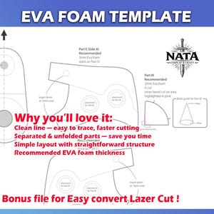 May include: An EVA foam template with detailed diagrams and text, including "EVA FOAM TEMPLATE" at the top. The design includes a logo and text that reads "Why you'll love it: Clean line - easy to trace, faster cutting." The template is on a white background.