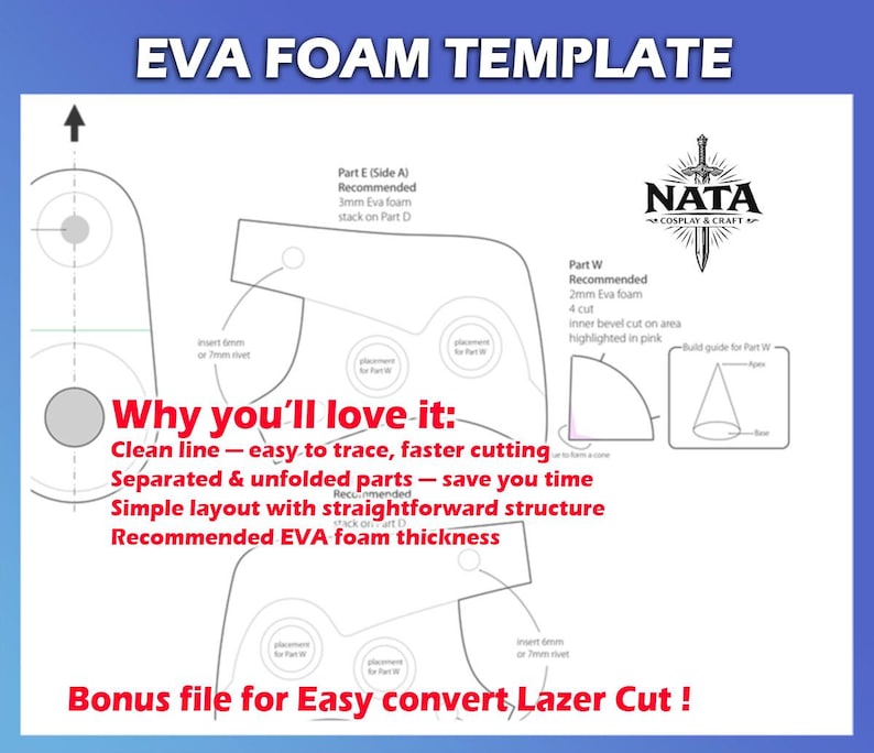 May include: An EVA foam template with detailed diagrams and text, including "EVA FOAM TEMPLATE" at the top. The design includes a logo and text that reads "Why you'll love it: Clean line - easy to trace, faster cutting." The template is on a white background.