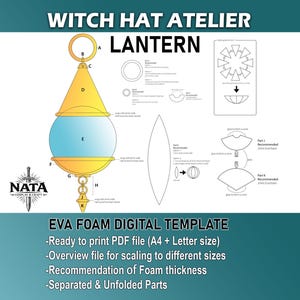 Peut inclure: Un modèle numérique pour une lanterne Witch Hat Atelier, présentant des schémas de pièces étiquetées de A à K. Le document inclut des instructions d'assemblage pour mousse EVA, montrant des formes de cône, sphère et éléments décoratifs.