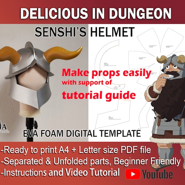 Senshi Helmet Delicious in Dungeon cosplay Template Pattern PDF for EVA foam armor prop