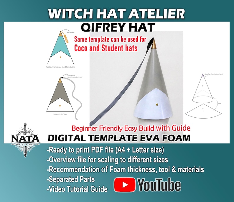 May include: Digital template for a Qifrey witch hat, designed for EVA foam. The image includes diagrams and instructions, with text that reads "Beginner Friendly Easy Build with Guide." It also features a YouTube logo and the text "Witch Hat Atelier."