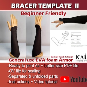 Könnte beinhalten: Eine digitale Vorlage für einen Armschutz, die für die Verwendung mit EVA-Schaumstoff konzipiert ist. Die Vorlage ist anfängerfreundlich und enthält Anweisungen und ein Video-Tutorial. Die Vorlage ist zum Ausdrucken im A4- oder Letter-Format im PDF-Format bereit. Die Vorlage ist auch in einer OV-Datei zum Skalieren verfügbar. Die Vorlage enthält getrennte und ausgeklappte Teile.