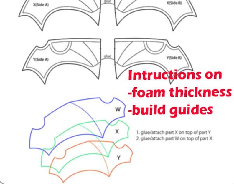 May include: A diagram with instructions for a craft project. The image includes several outlined shapes labeled with letters and the text "Instructions on -foam thickness -build guides". The shapes are in blue, green, and orange.