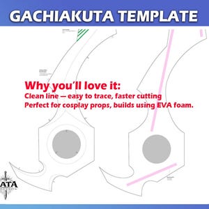 May include: A template for a Gachiakuta cosplay prop, featuring two stylized sword designs with gray and pink lines on a white background. Text includes "Why you'll love it: Clean line - easy to trace, faster cutting". The NATA logo is in the bottom left.