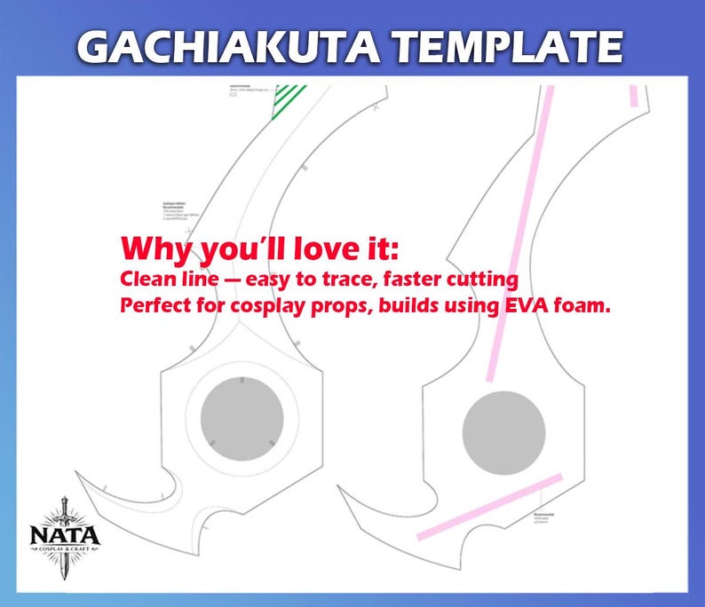 May include: A template for a Gachiakuta cosplay prop, featuring two stylized sword designs with gray and pink lines on a white background. Text includes "Why you'll love it: Clean line - easy to trace, faster cutting". The NATA logo is in the bottom left.